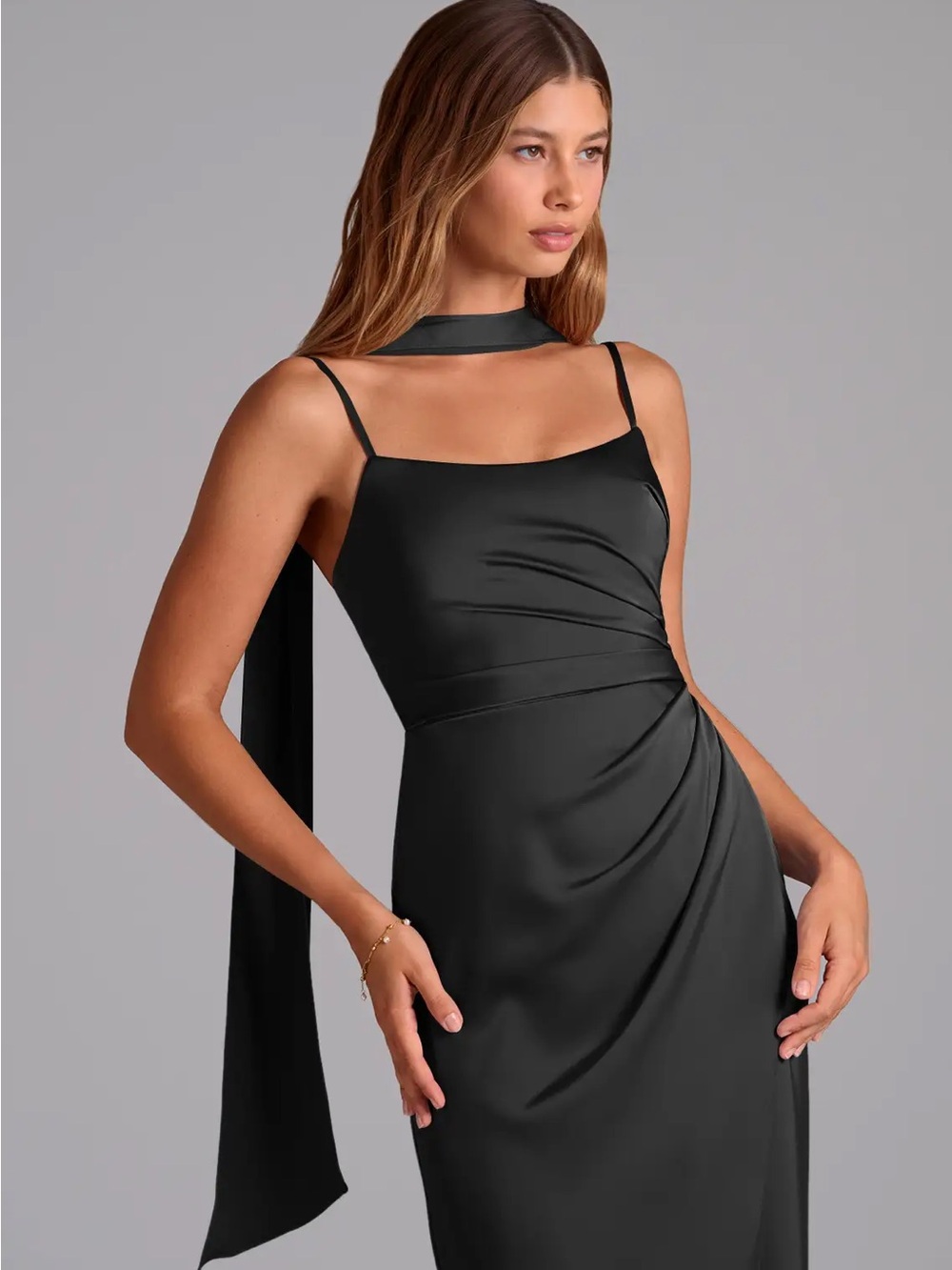 Azazie Calandra Black Sheath Pleated Stretch Satin Dress NWT